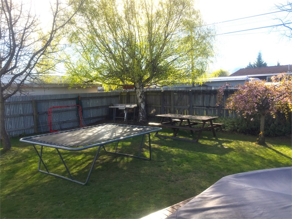 Trampoline and fisherman's sink in the back garden