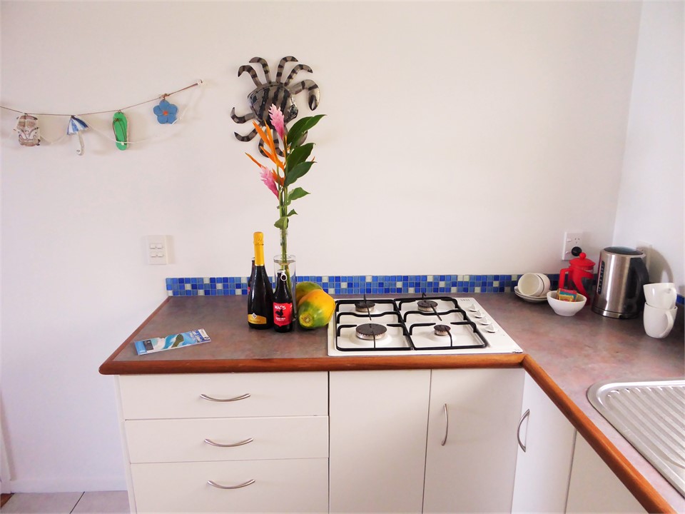 kitchen has fridge freezer, hob, microwave, glassw