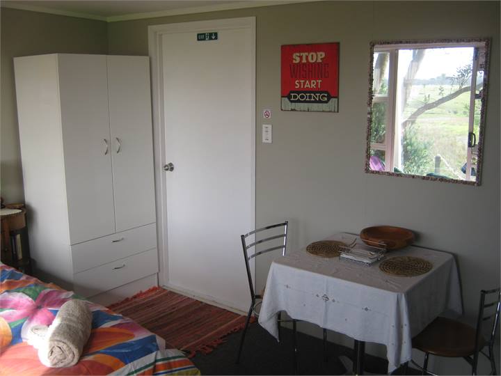 Dinning room table,the back door to the rear.
