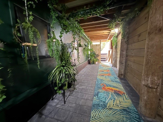 Tropical spa alleyway entrance.