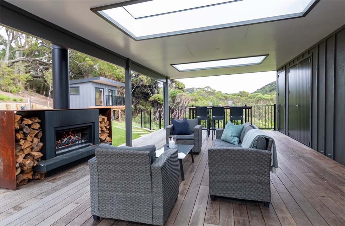 Back deck fireplace & standing table