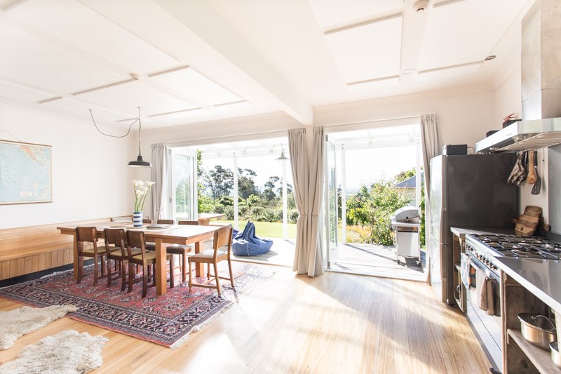 The lodge kitchen and dining area opens onto the v