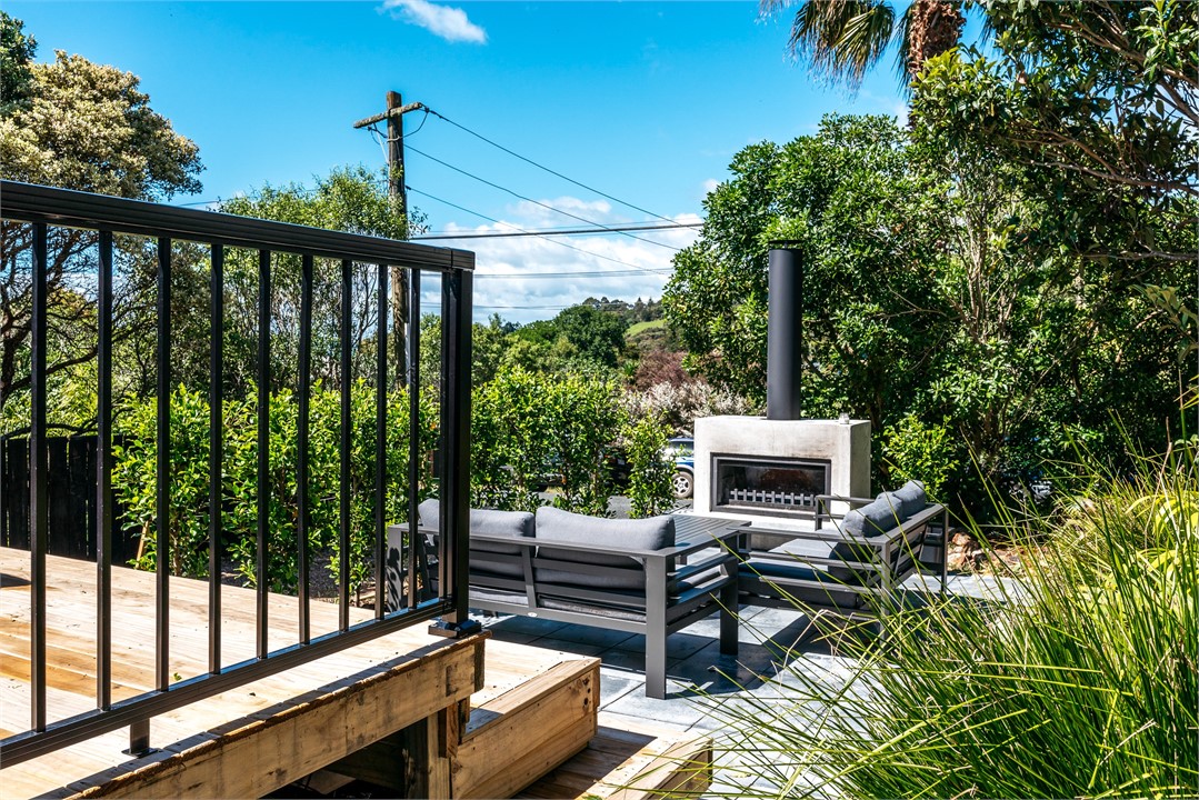 Front patio and fireplace.