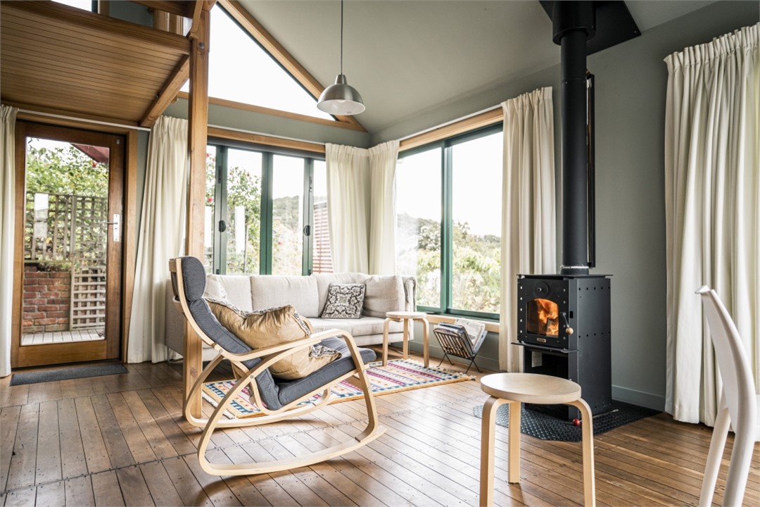 living area with log fire