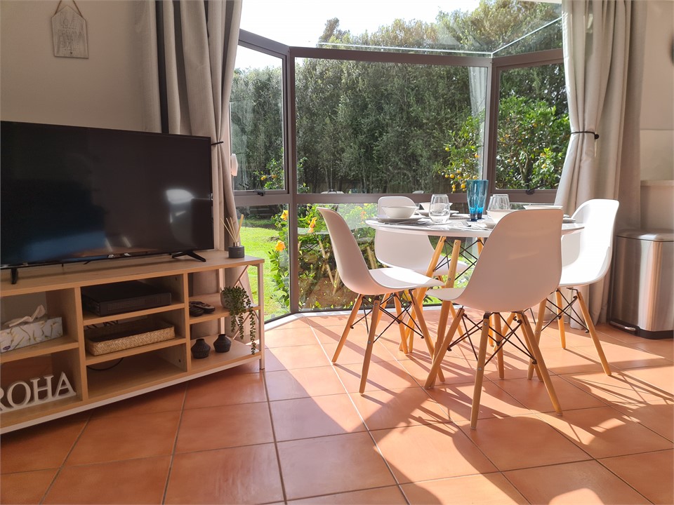 Dining area and TV, with a view to the orange tree