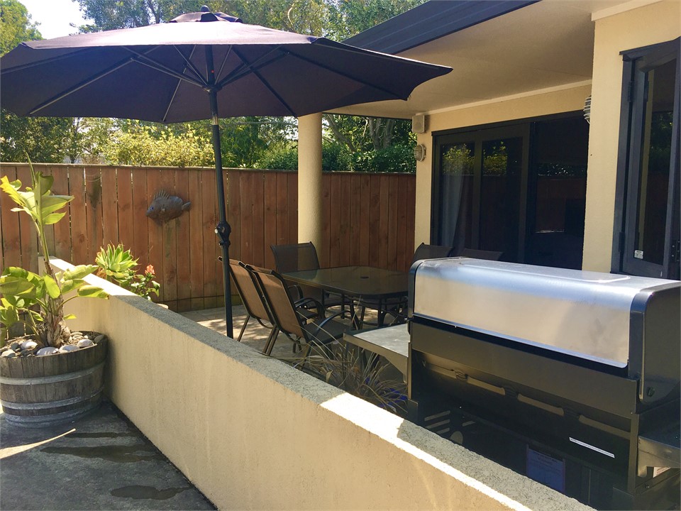Patio area looks over neighbours tree filled garde