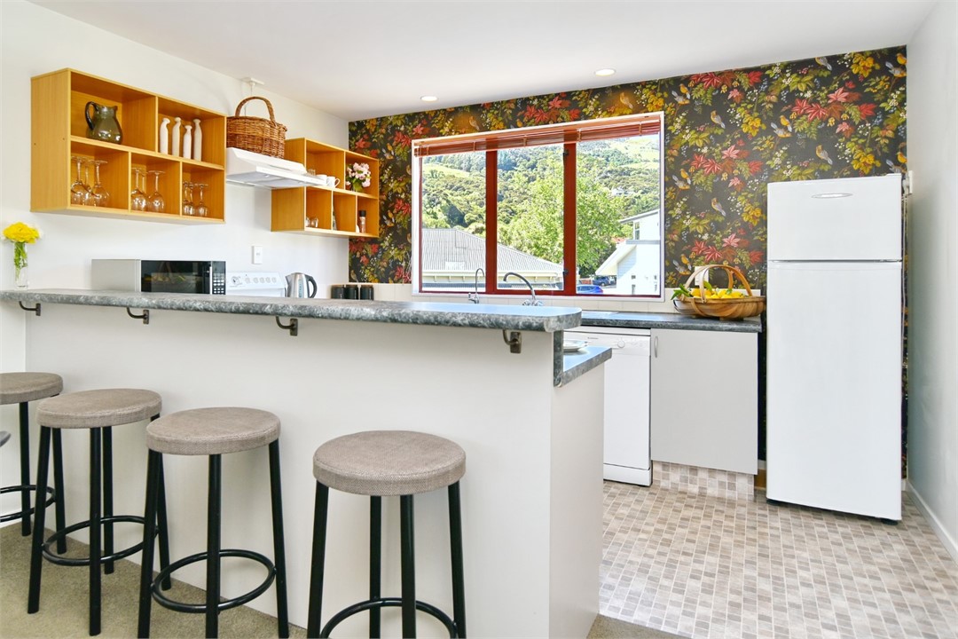 Kitchen with a view and seating area