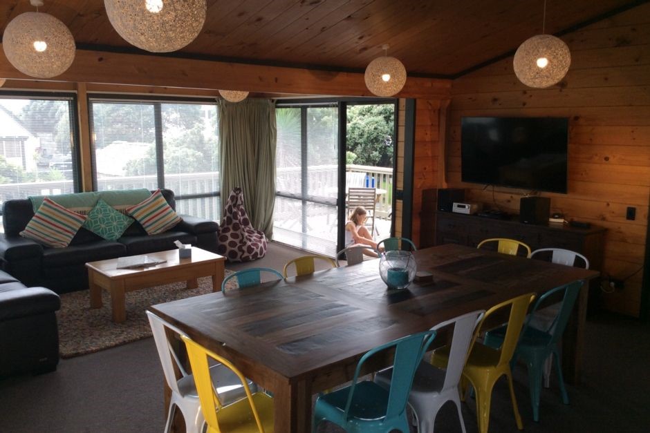 Living/dining room: woodburner, heatpump