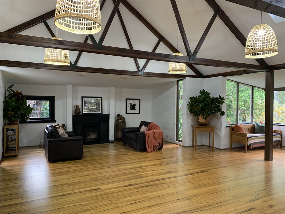 Main dining room and fireplace.