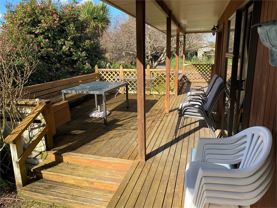 Spacious sunny deck for outdoor dining