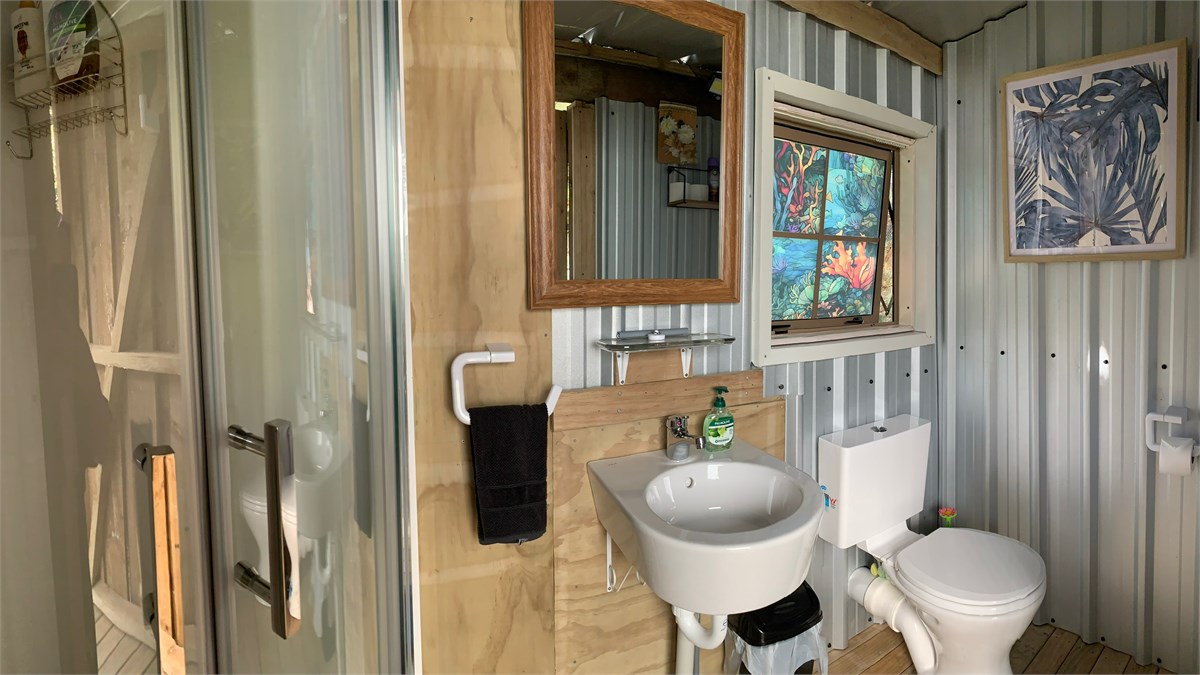 Shower hot water, cold water basin & toilet.