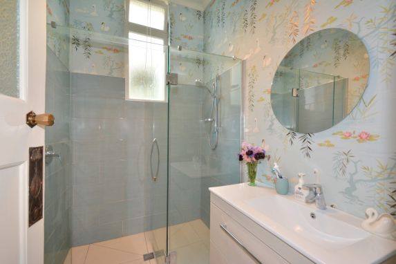 Bathroom with great shower.