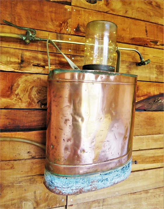 Upcycled relics decorate the space.