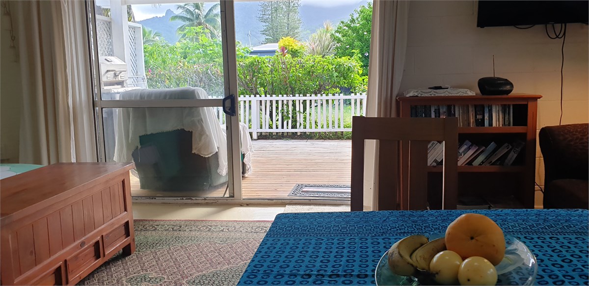 looking out from kitchen to patio and mountains