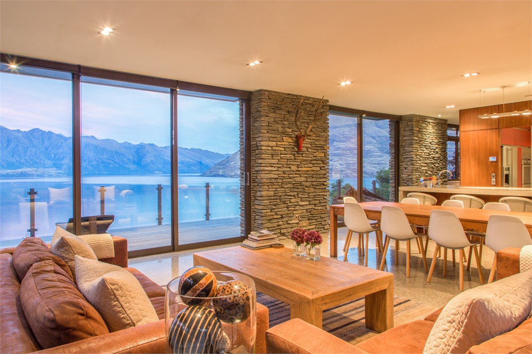 View from open plan lounge, dining area and kitche