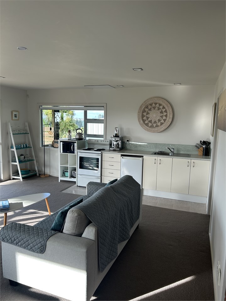 Open plan studio living with queen bed