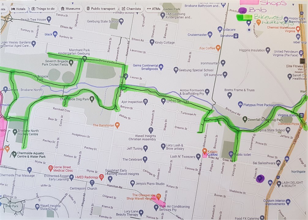 Bike ways and walking track to Chermside Shopping