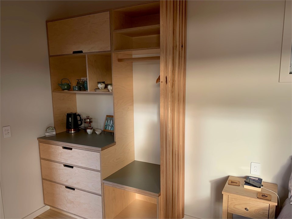 Storage/coffee and tea area in studio