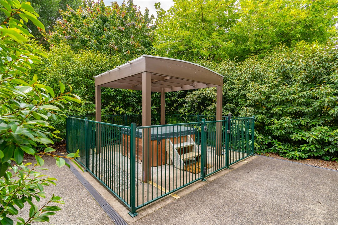 Spa pool surrounded by three Camelia hedges - each
