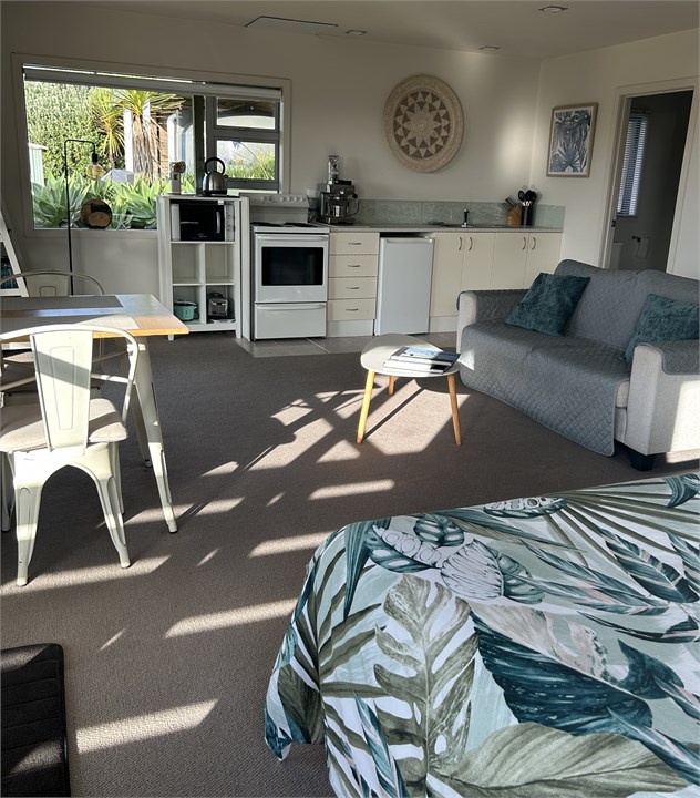 Open plan studio living with queen bed