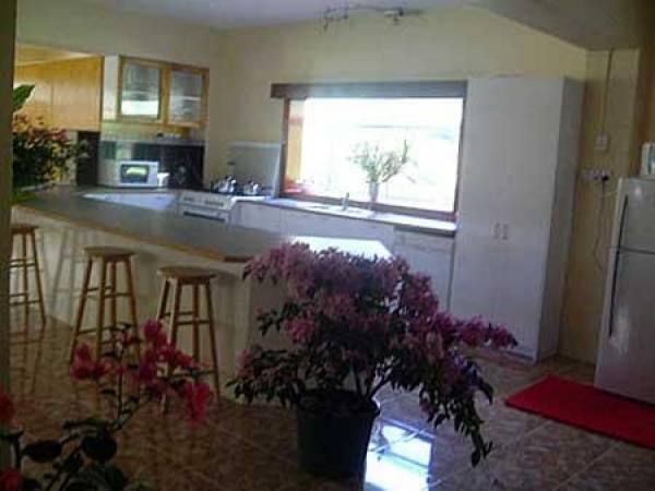 downstaird kitchen with huge breakfast bar