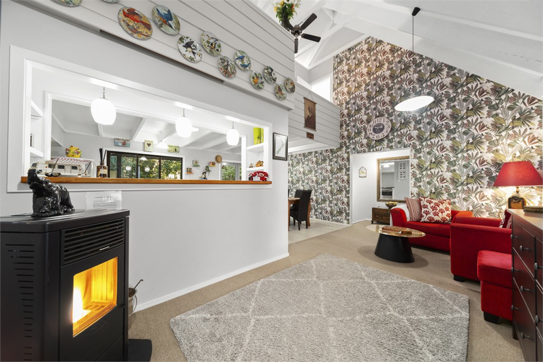 Downstairs living area with pellet fire