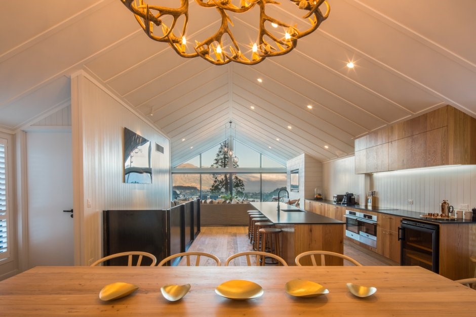 Interior flow of open plan dining area, kitchen an