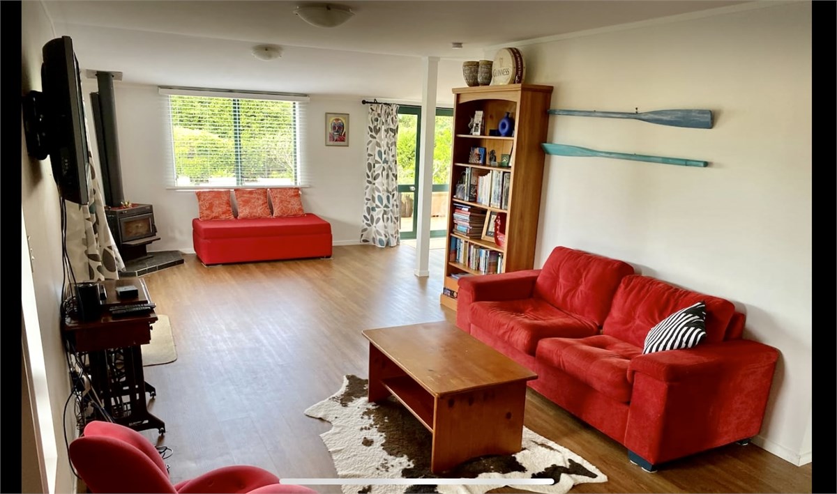 Lounge with pullout couch and ottoman