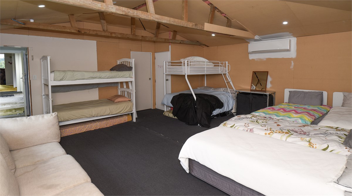 Lined garage with bedding