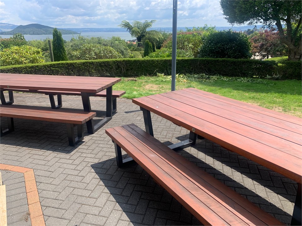 Macrocarpa banquet tables with shade sail above