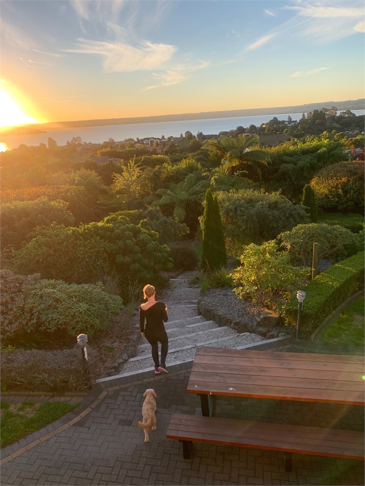 Roaming manicured gardens at sunset