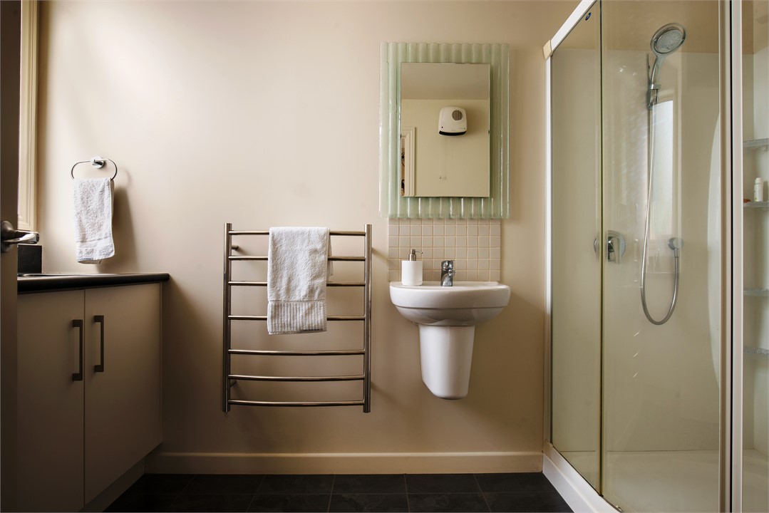 The second bathroom has a shower, basin, toilet