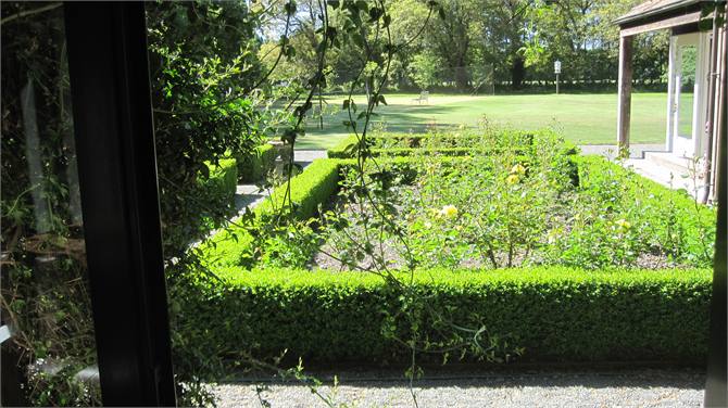 Looking out onto the cottage rose garden
