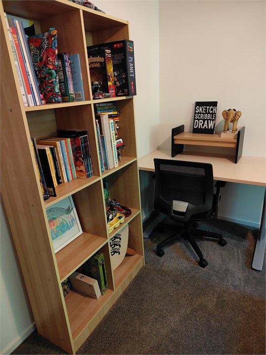 bunk room shelves and workdesk