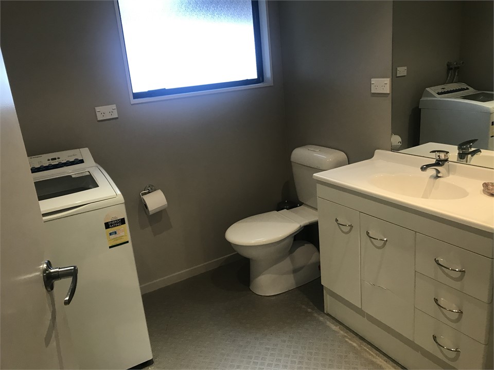 Downstairs bathroom with shower and washing machin