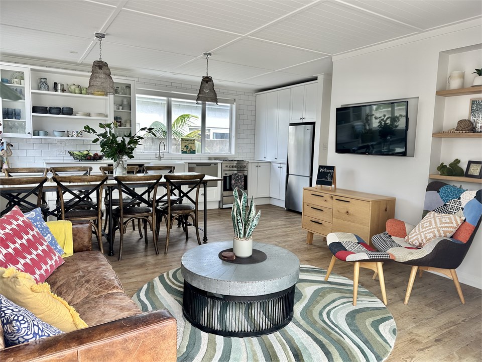 Our main room - lounge, dining, and kitchen.