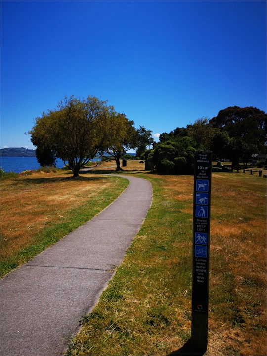 Lake walkway facing town