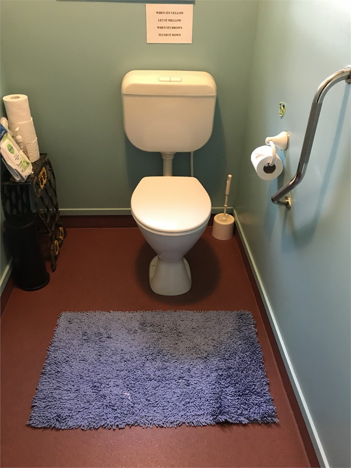 Accessible toilet with grab rail.