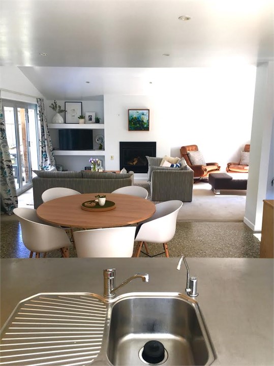 Open plan kitchen, dining, living