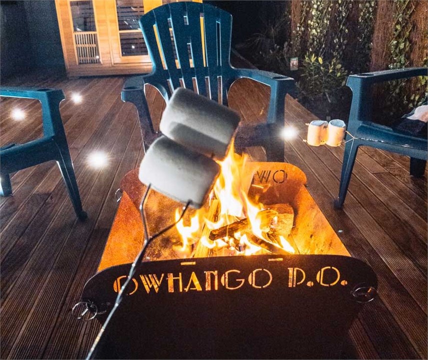 Toasting marshmallows over the fire-pit while sipp