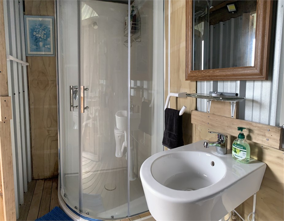 Hot shower & Basin Cold water, solar power light.