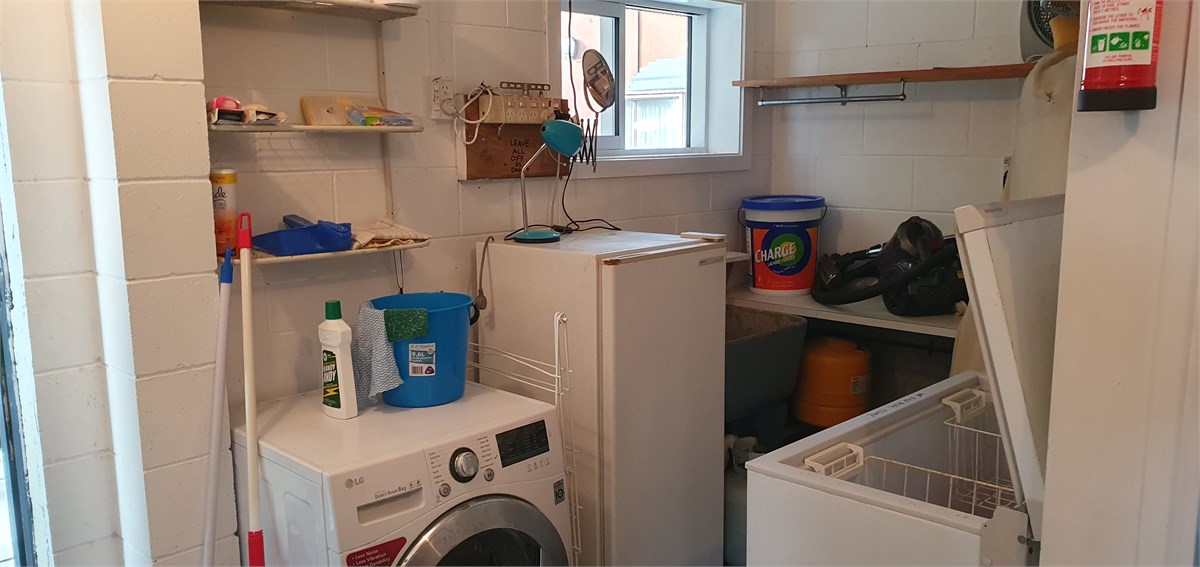 downstairs laundry, beer fridge, chest freezer