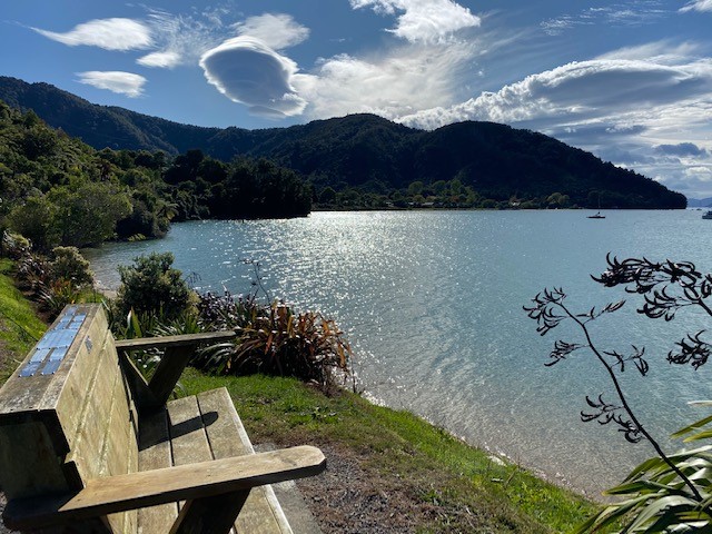 One of many seats around the bay on your walk to s