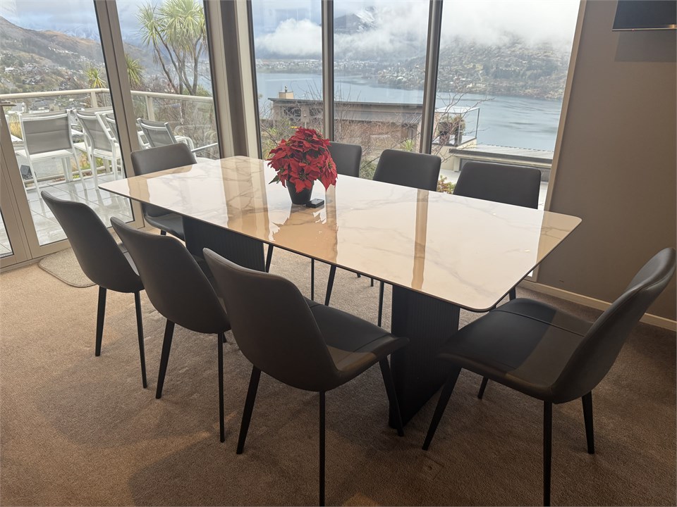 Dining table for 8 with mountain and lake views