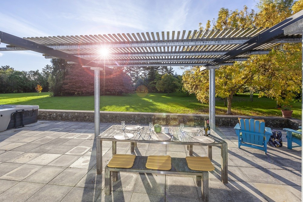 Patio with spa to left