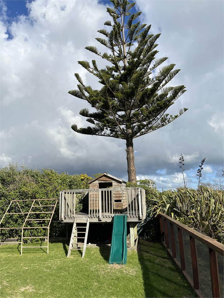Playhouse, climbing frame and sandpit