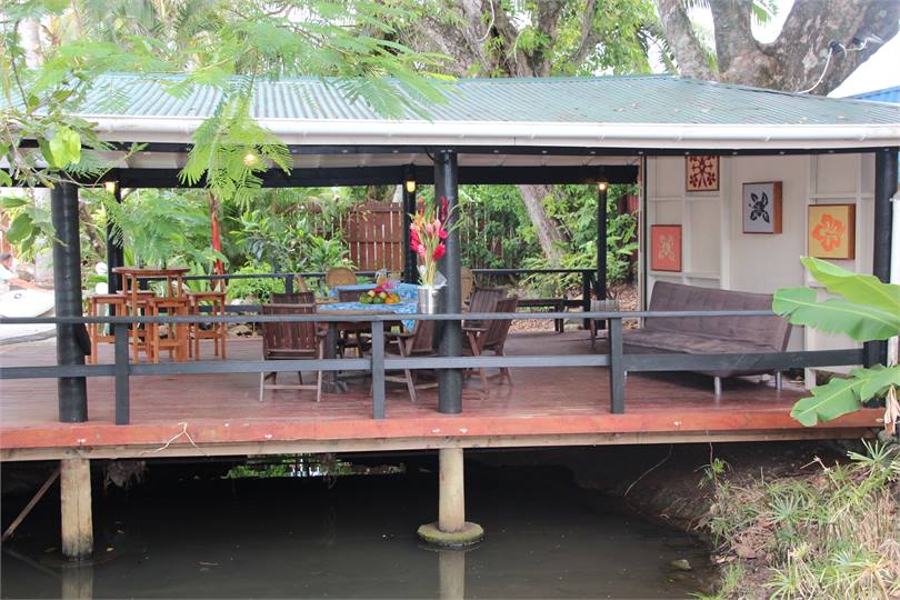 Wonderful social outdoor area above a flowing stre