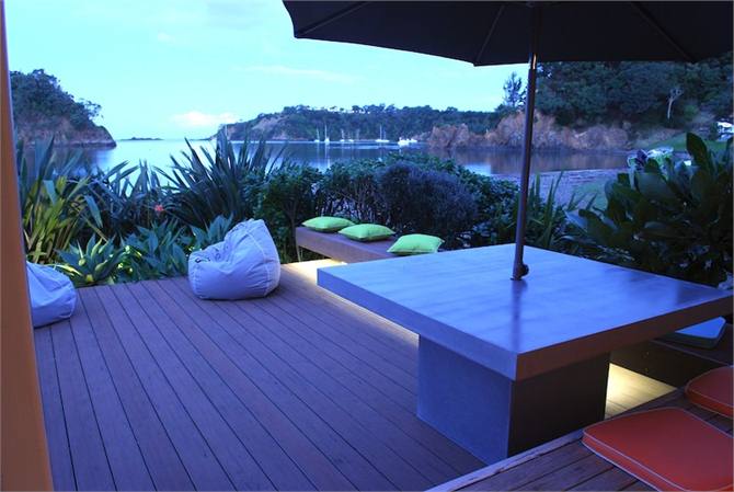 Seaside deck with night lights