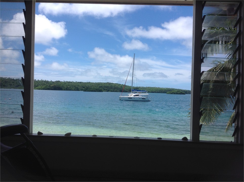 View from lounge, visiting catamaran, passing our 