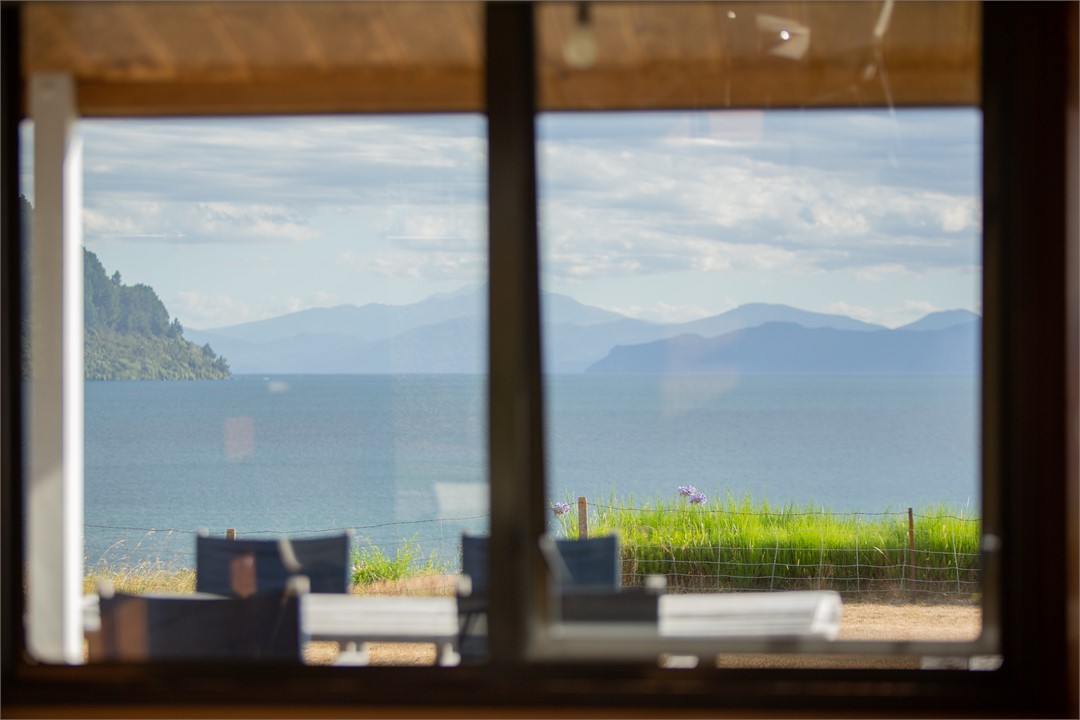 View across Lake to Central North Island Mountains